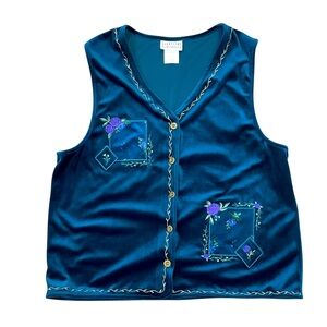 Jantzen Velvet Vest Dark Teal Jewel Tones Purple Floral Embroidery Size Medium